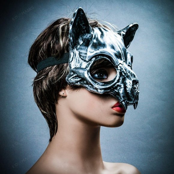 Silver Vampire Skull Cat Halloween Masquerade Robot Cat Costume Party Face Mask - Picture 3 of 7